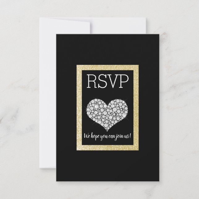 Black White Star Gold Heart RSVP simple elegant (Front)