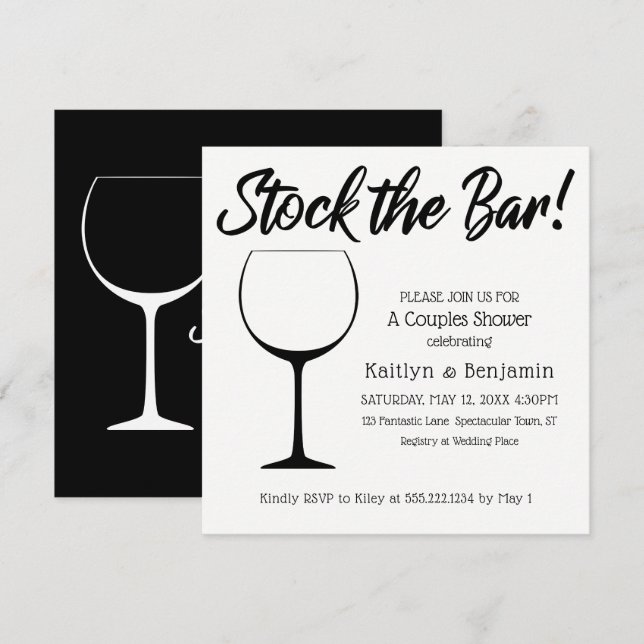 Black & White Stock the Bar Script Couples Shower Invitation (Front/Back)