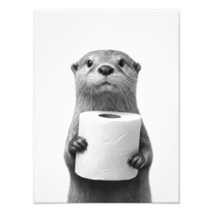 Black&White Stoic Otter Holding Toilet Paper Roll Photo Print