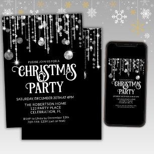 Black White String Lights Christmas Holiday Party Invitation