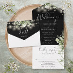 Black White String Lights Floral Monogram Wedding All In One Invitation<br><div class="desc">All in one black and white wedding invitation featuring pretty string lights,  floral greenery and elegant typography. The invitation includes a perforated RSVP card that can be individually addressed or left blank for you to handwrite your guest's address details. Designed by Thisisnotme©</div>