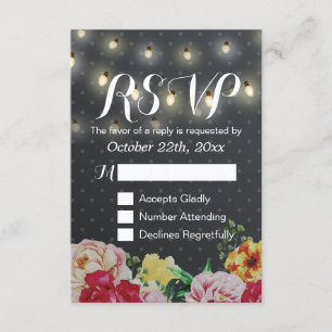 Black White String Lights Floral Wedding RSVP Card