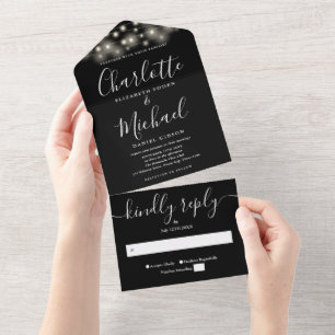 Black White String Lights Modern Script Wedding All In One Invitation