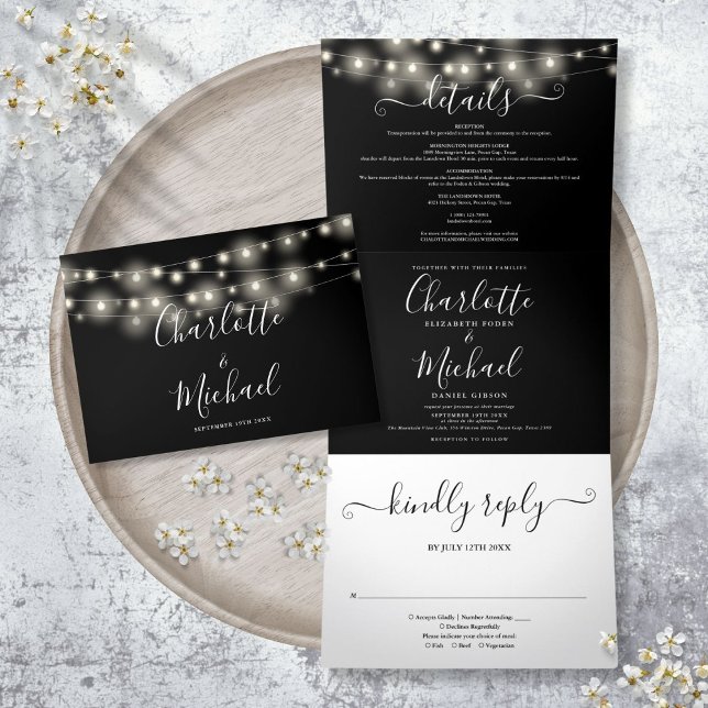 Black White String Lights Script Monogram Wedding Tri-Fold Invitation (Black White String Lights Script Monogram Wedding Tri-Fold Invitation)