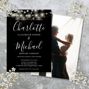 Black White String Lights Script Photo Wedding Invitation