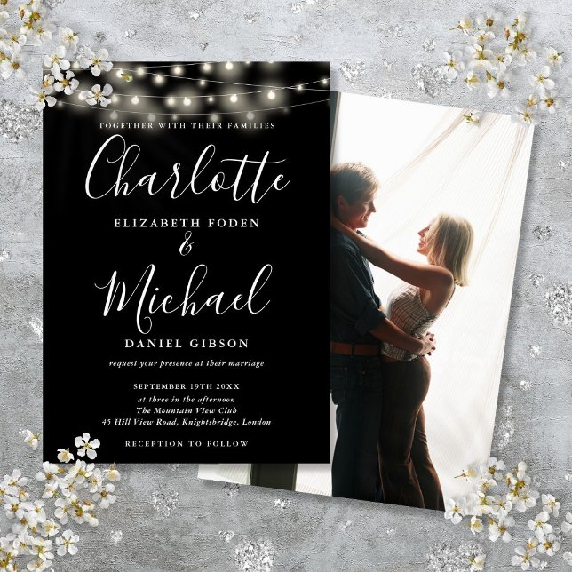 Black White String Lights Script Photo Wedding  Invitation (Black White String Lights Script Photo Wedding Invitation)