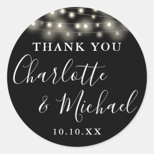 Black White String Lights Wedding Favor Thank You  Classic Round Sticker