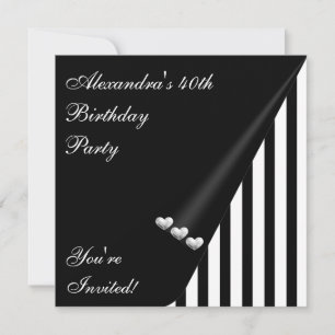 Black White Stripe 40th Birthday Event Silver Love Invitation