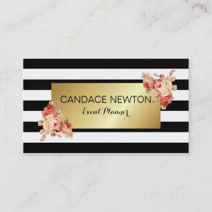 Black & White Stripe and Gold With Vintage Roses Business Card
