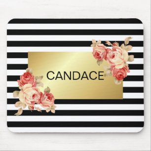 Black & White Stripe and Gold With Vintage Roses Mouse Mat