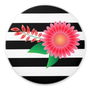 Black & White Stripe and Pink Flower Ceramic Knob