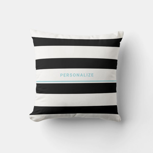 Black White Stripe Aqua Name Cushion (Front)