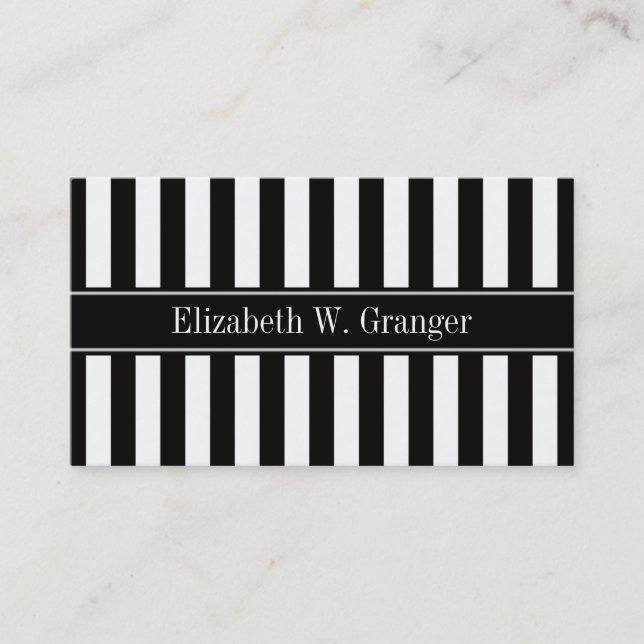 Black White Stripe Black Name Monogram Business Card (Front)