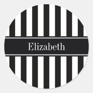 Black White Stripe Black Name Monogram Classic Round Sticker