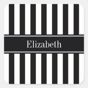Black White Stripe Black Name Monogram Square Sticker