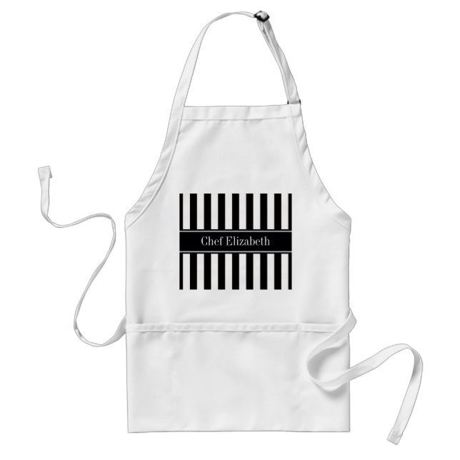 Black White Stripe Black Name Monogram Standard Apron (Front)