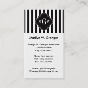 Black White Stripe Black Quatrefoil 3 Monogram Business Card
