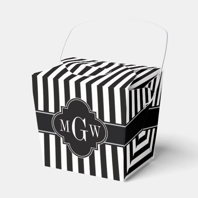 Black White Stripe Black Quatrefoil 3 Monogram Favour Box (Front Side)