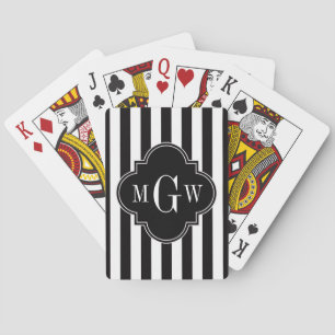 Black White Stripe Black Quatrefoil 3 Monogram Playing Cards