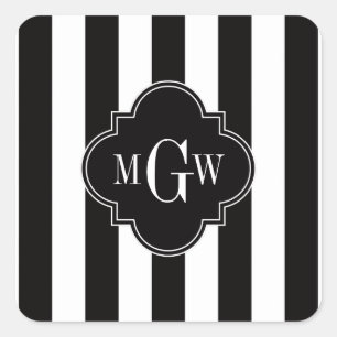 Black White Stripe Black Quatrefoil 3 Monogram Square Sticker