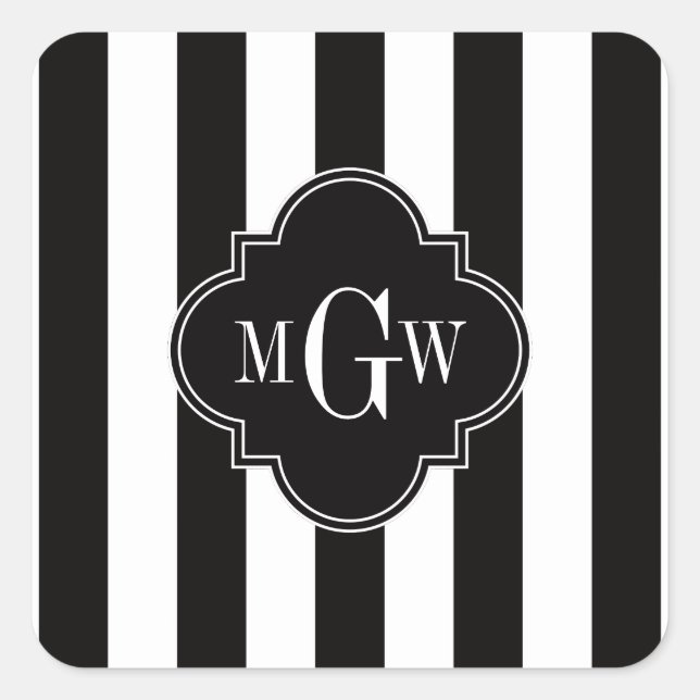 Black White Stripe Black Quatrefoil 3 Monogram Square Sticker (Front)