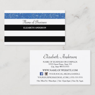 Black White Stripe Blue Glitter Business Card