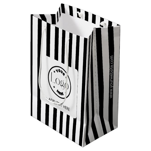 Black & White Stripe Business Logo Shopping Medium Gift Bag (Front Angled)