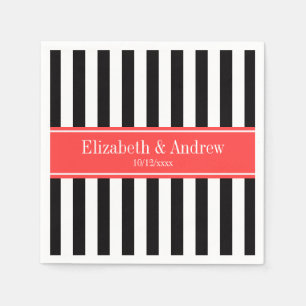 Black White Stripe Coral Red Ribbon Name Monogram Napkin