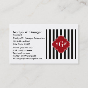 Black White Stripe Cranberry Quatrefoil 3 Monogram Business Card