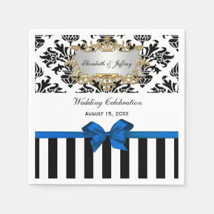 Black White Stripe Damask Blue Ribbon Napkin