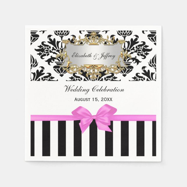 Black White Stripe Damask Bubble Gum Pink Ribbon Napkin (Front)