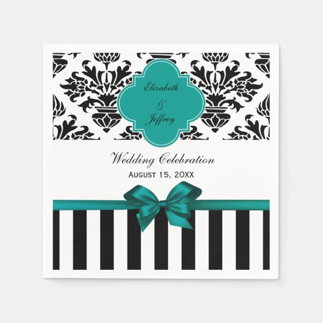 Black White Stripe Damask Dark Teal Ribbon Napkin (Front)