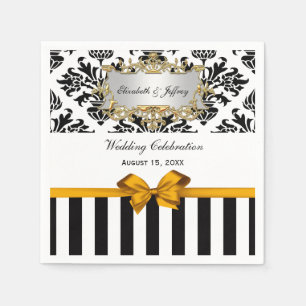 Black White Stripe Damask Goldenrod Ribbon Napkin