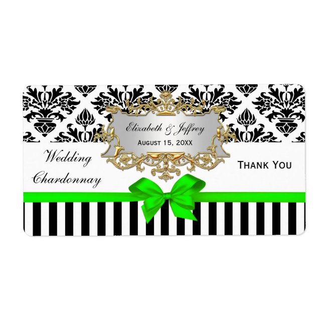 Black White Stripe Damask Lime Party Wine Label (Front)