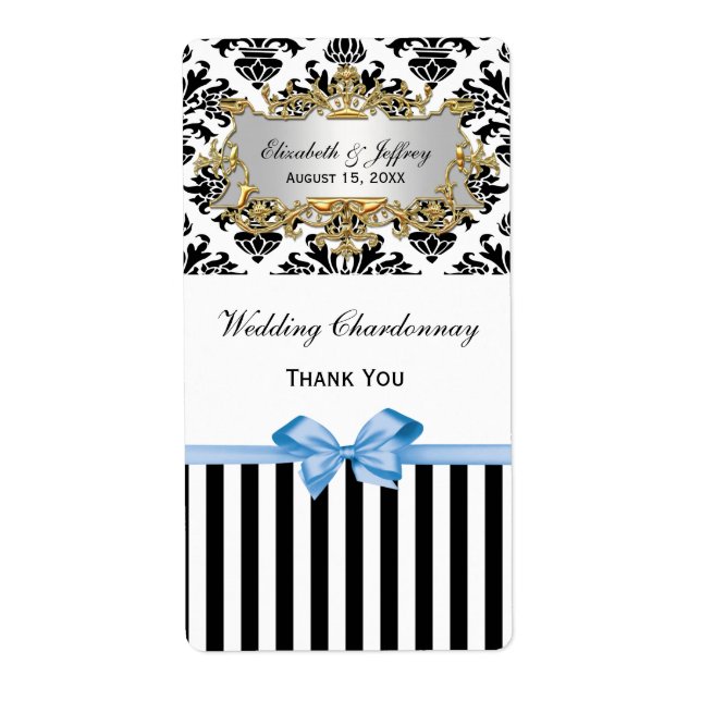 Black White Stripe Damask Lt Blue Party Wine Label (Front)