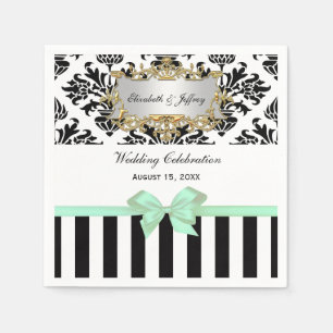 Black White Stripe Damask Mint Ribbon Napkin