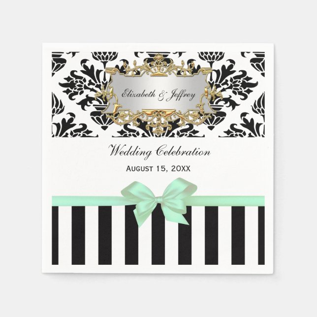 Black White Stripe Damask Mint Ribbon Napkin (Front)