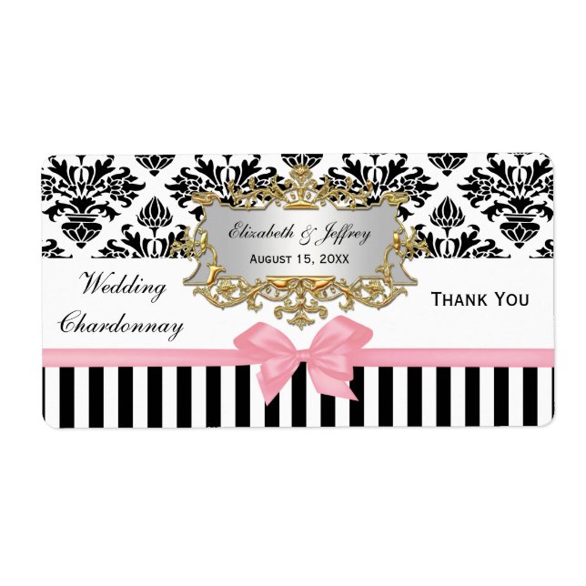 Black White Stripe Damask Pink Party Wine Label (Front)