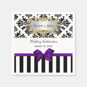 Black White Stripe Damask Purple Ribbon Napkin