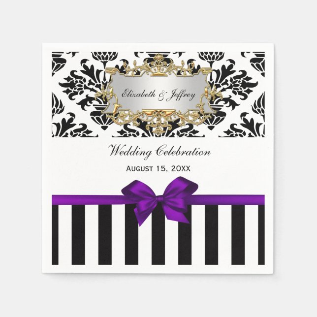 Black White Stripe Damask Purple Ribbon Napkin (Front)