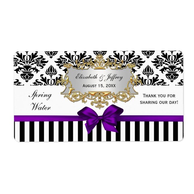 Black White Stripe Damask Purple Water Label (Front)