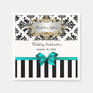 Black White Stripe Damask Teal Ribbon Napkin