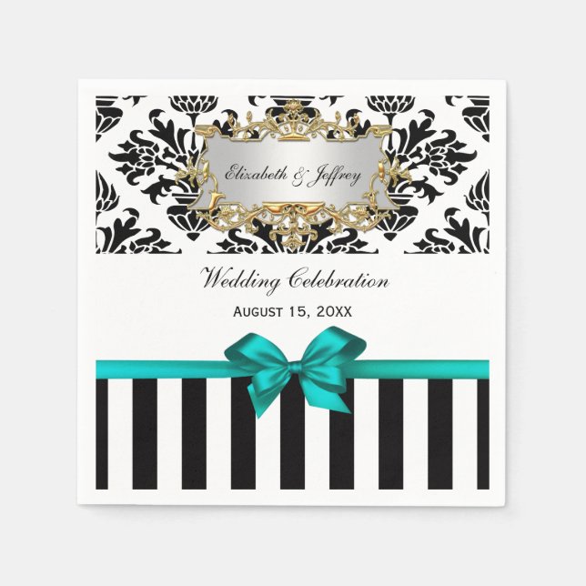 Black White Stripe Damask Teal Ribbon Napkin (Front)