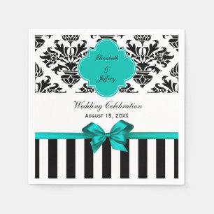 Black White Stripe Damask Teal Ribbon Napkin