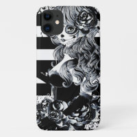 Black & White Stripe Day of the Dead Sugar Skull