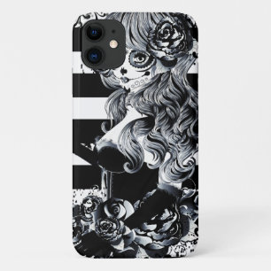 Black & White Stripe Day of the Dead Sugar Skull iPhone 11 Case