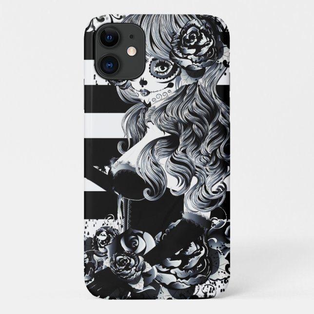 Black & White Stripe Day of the Dead Sugar Skull Case-Mate iPhone Case (Back)