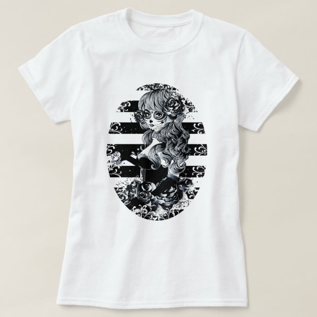 Black & White Stripe Day of the Dead Sugar Skull T-Shirt (Design Front)