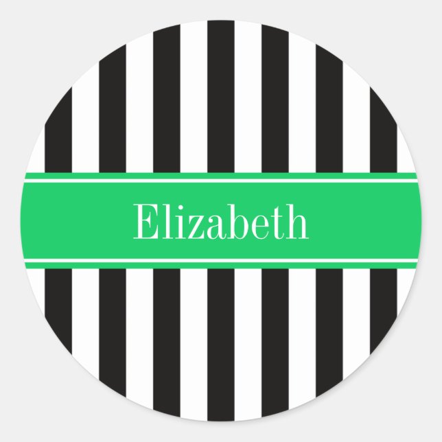 Black White Stripe Emerald Ribbon Name Monogram Classic Round Sticker (Front)