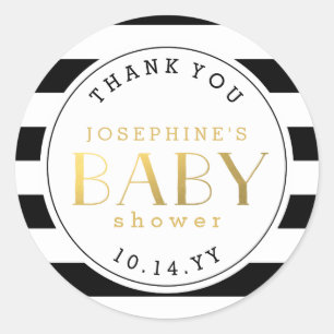 Black White Stripe Faux Gold Baby Shower Thank You Classic Round Sticker